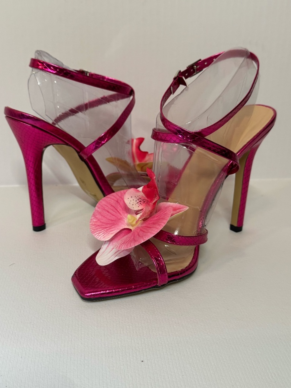 Stiletto Statement Sandals Orchid Flower Metallic Pink Heels Party Shoes